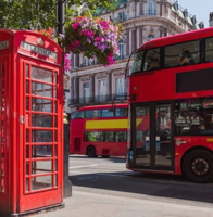 Red buses and telephone booth in London