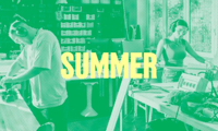 summer courses poster Green-tinted poster with the word ‘SUMMER’ in bold yellow text and people working indoors.