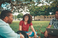 Students discussing ideas together on a university lawn